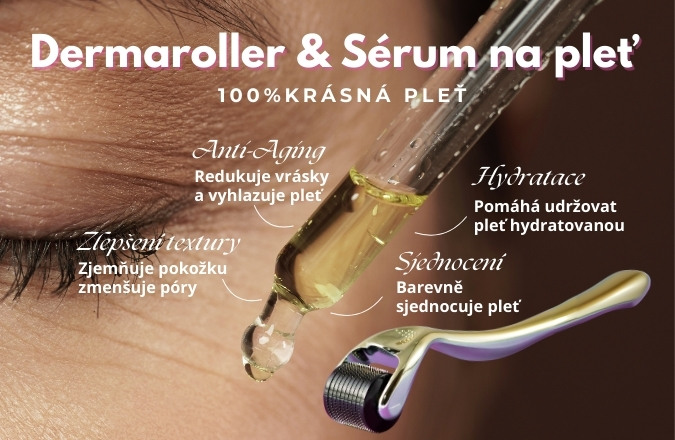 Detailní záběr na kapátko séra a dermaroller u oka, zvýrazňující anti-aging, hydrataci a zlepšení textury pleti.